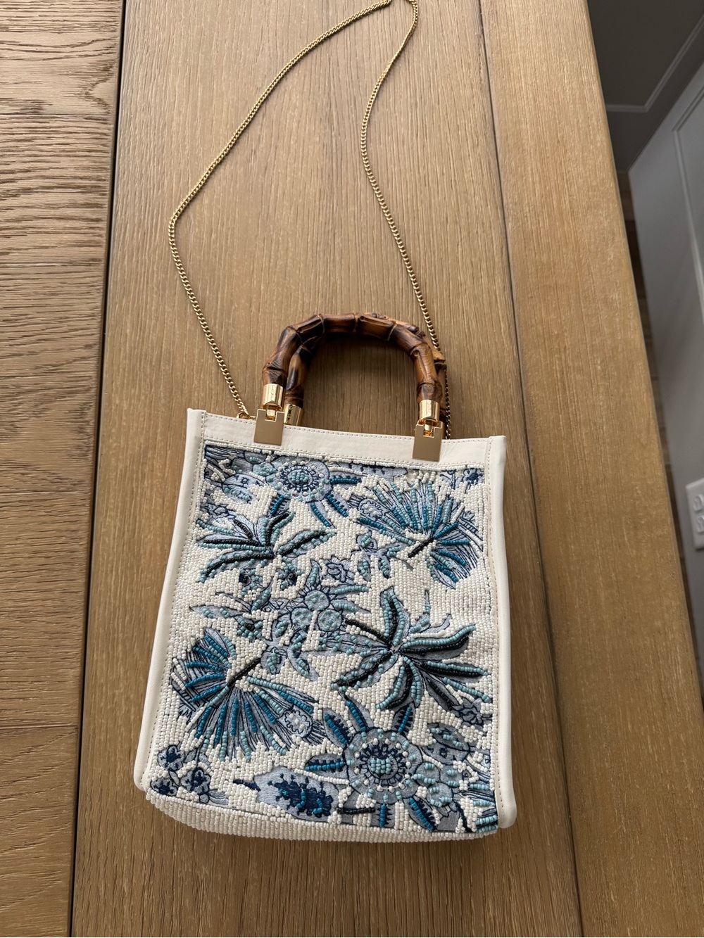 Embroidered Blue Floral Mini Tote with Bamboo Handle